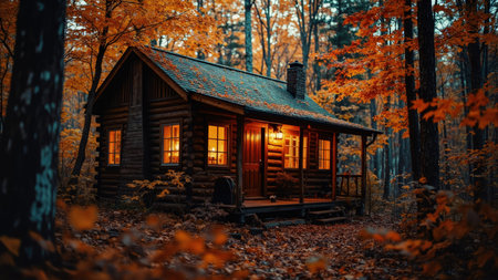 Experience the allure of autumn with this picturesque scene of a cozy cabin nestled amidst breathtaking fall foliage. Bathed in warm light, the log cabin exudes a welcoming ambiance, promising comfort and serenity. Vibrant hues of orange, yellow, and brown paint the surrounding forest landscape, making this image ideal for travel brochures, seasonal marketing, or creating a sense of rustic charm in any project. Perfect for evoking feelings of a peaceful getaway or illustrating the beauty of the autumn season.の素材