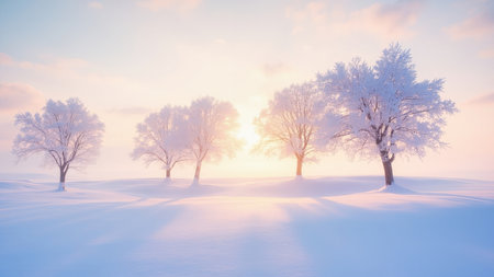 Witness the serene beauty of a winter sunset with this evocative image. Frost-covered trees stand in stark silhouettes against a sky painted with hues of blue and gold during the golden hour. This scenic landscape captures the peaceful essence of a winter wonderland, highlighting frosty branches reaching toward the horizon. Ideal for projects evoking seasonal themes, winter scenes, or the natural beauty of a snowscape. This image offers a sense of calm and serenity suitable for various design applications.の素材