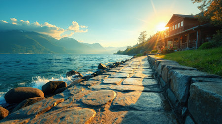 A stunning landscape photograph captures a winding coastal path leading to a charming lakeside cabin as the sun sets. Bathed in golden sunlight, the scene showcases a tranquil lake, vibrant sky, and majestic mountains. This idyllic setting, featuring a wooden cabin, lush trees, and a stone pathway, embodies peace and serenity. Ideal for travel and tourism content, this image evokes the beauty of a summer vacation destination. Perfect for websites, blogs, and marketing materials that aim to inspire and promote scenic escapes.の素材