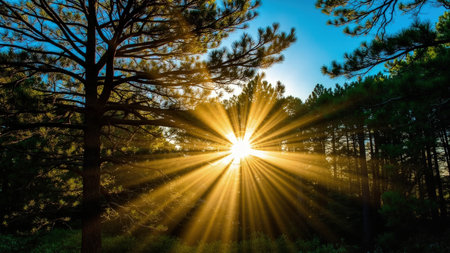 Golden sunbeams pierce through a vibrant forest canopy, illuminating a breathtaking landscape scene. Shafts of sunlight cascade through the trees, creating stunning beams of light and shadows amidst the lush green foliage. This natural scenic view showcases the beauty and peaceful serenity of the woods, perfect for evoking inspiration and a sense of freedom. Ideal for projects needing imagery of nature, the outdoors, and summer scenes, this image offers a tranquil and idyllic atmosphere.の素材