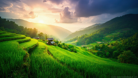 Witness a breathtaking sunrise paint the sky above vibrant green rice terraces cascading down a lush valley in this scenic mountain landscape. The image captures the beauty of rural agriculture in a Southeast Asia setting, highlighting the farming and cultivation that shapes the terrain. Discover an idyllic vista, perfect for travel and tourism related projects. This picturesque scene of verdant fields, mountains, and a dramatic sky with clouds offers a peaceful and tranquil moment of natureの素材