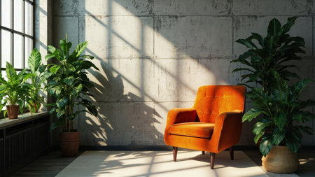 A modern and cozy living room interior is bathed in sunlight, highlighting an inviting orange velvet armchair. Lush green plants, including various houseplants, bring a touch of nature indoors. The contrast of the vibrant orange armchair against the neutral concrete wall creates a stylish and comfortable space. This image is ideal for use in interior design publications, lifestyle blogs, or to illustrate concepts of modern home decor, relaxation, and eco-friendly living spaces.の素材