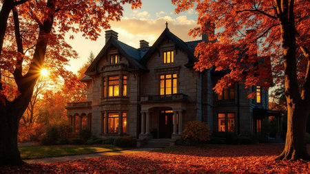 Bask in the beauty of this stunning autumnal estate bathed in warm sunlight. The image features a classic stone mansion surrounded by vibrant fall foliage, showcasing a picturesque landscape of red and orange leaves. Captured during golden hour, the scene exudes a cozy and elegant atmosphere. This idyllic image is perfect for real estate marketing, travel brochures, or enhancing websites with a touch of luxury and seasonal charm.の素材