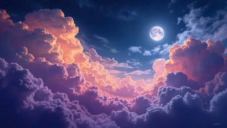 Experience the enchanting beauty of a dreamy cloudscape under the spell of a full moon. This captivating image features a vibrant night sky painted with fluffy purple and orange clouds, creating a dreamy and surreal atmosphere. Bathed in the moon's gentle glow, the celestial display evokes feelings of peacefulness and tranquility. Ideal as a background or wallpaper, this artwork is perfect for fantasy-themed projects, artistic designs, or adding a touch of romantic beauty to any visual.の素材