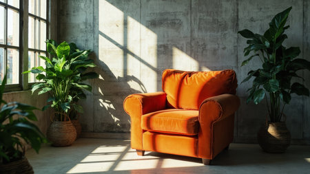 Experience the serenity of this modern living room, featuring a comfortable orange armchair bathed in warm sunlight. The image showcases a cozy interior with a minimalist aesthetic, highlighted by a concrete wall and the presence of lush houseplants. This photograph perfectly captures the interplay of natural light and shadow, offering a sense of relaxation and well-being. Ideal for design, lifestyle, and home decor projects seeking to evoke a sunny, inviting, and contemporary atmosphere.の素材
