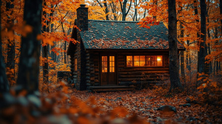 Experience the inviting warmth of a cozy autumn cabin nestled in a forest ablaze with vibrant orange fall foliage. This picturesque scene showcases a rustic log cabin glowing with illuminated windows, perfect for a fall getaway. The scenic landscape exudes peaceful tranquility under the dusk sky. Ideal for travel, seasonal, and nature-themed projects, this image captures the charming atmosphere of a cozy autumn retreat, inspiring feelings of warmth and serenity.の素材