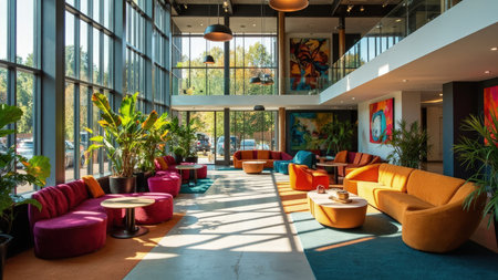 Step into a modern and inviting lobby space, showcasing a dynamic blend of interior design and architectural brilliance. This image features a vibrant and colorful reception area, characterized by contemporary art installations, stylish furniture, and abundant natural light streaming through expansive glass windows. Perfect for commercial applications, the image highlights a comfortable seating area, ideal for a hotel, office, or luxury waiting area. The spacious and bright interior with its elegant decor offers a premium and welcoming atmosphere.の素材