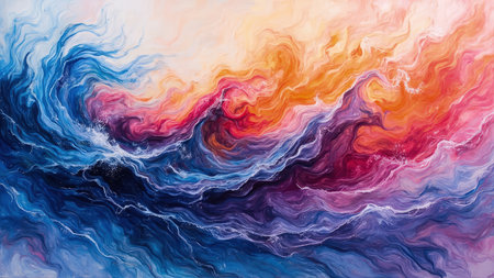 A vibrant and dynamic abstract painting captures the essence of ocean waves. Vivid swirls of color, including bright orange, red, pink, purple, and blue, create a sense of fluid movement and energy. This artistic artwork, reminiscent of watercolor or acrylic techniques, features a rich texture and a dreamy, ethereal quality. Perfect for use as a modern background, wallpaper, or design element, this contemporary composition evokes a sense of serenity and creativity.の素材