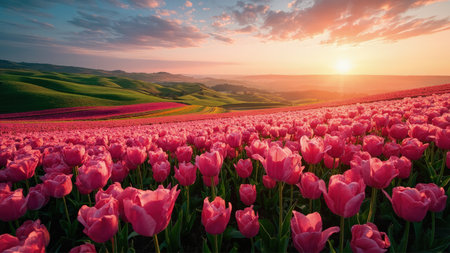 Witness the breathtaking beauty of a sunset painting the sky above a sprawling field of vibrant pink tulips in full bloom. Rolling green hills create a picturesque landscape in the background, evoking the charm of Tuscany, Italy. This scenic view captures the essence of springtime, perfect for travel, floral, or spring-themed projects. The colorful panorama, featuring petals and a sky filled with dramatic cloudscape hues, offers an idyllic backdrop for website backgrounds, wallpaper, or artistic designs.の素材