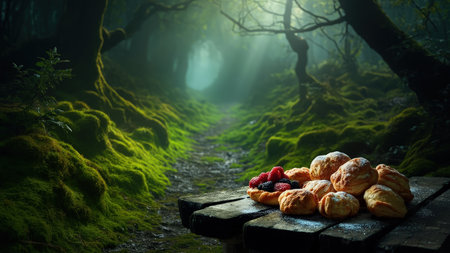 A delectable assortment of freshly baked pastries and vibrant berries rests on a rustic wooden table, inviting viewers into a magical forest scene. Sunlight filters through the trees, casting ethereal light rays upon the idyllic woodland setting. The image captures a close-up of delicious food, including raspberries and blackberries, nestled among the baked goods. Perfect for illustrating fantasy themes, food blogs, or adding a touch of dreamy atmosphere to any project.の素材