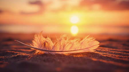 A single, delicate feather rests on the fine sand, perfectly contrasted against a fiery sunset sky. Bathed in the warm light of golden hour, the scene evokes feelings of serenity and peaceful tranquility. The vibrant orange and yellow hues of the sunset, enhanced by a bokeh effect, create a dreamy, soft focus background. This image embodies freedom, hope, and zen, making it ideal for projects related to travel, wellness, meditation, and beauty.の素材