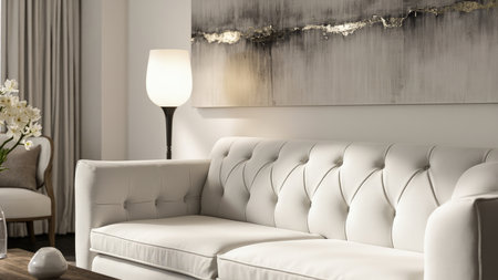 Relax in this elegant living room interior, showcasing a pristine white sofa with tufted detailing. The space embodies modern luxury with a focus on comfort and style. Soft, neutral tones, including beige accents, create a serene and cozy atmosphere. An armchair, floor lamp, and abstract artwork add sophisticated touches. Perfect for illustrating home design, lifestyle content, or showcasing interior decor for apartments and houses.の素材