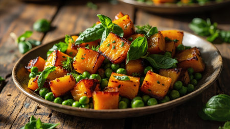 Savor the vibrant colors and textures of this culinary creation featuring delicious roasted butternut squash cubes alongside bright green peas and fragrant basil. This appetizing vegetarian and vegan dish, presented on a rustic wooden plate, is a celebration of autumn food and healthy eating. Perfect for food photography, this image highlights the gourmet quality and fresh ingredients, ideal for illustrating recipes, menus, or content promoting plant-based cuisine. The close-up macro shot emphasizes the delicious and colorful presentation of this flavorful side dish or appetizer.の素材