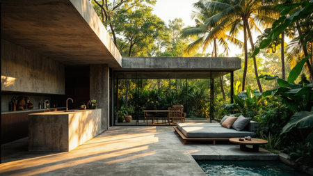 Experience luxurious living in this stunning modern villa. Featuring an open-plan design, the home showcases a stylish outdoor kitchen and living area perfect for entertaining. A sparkling swimming pool is surrounded by lush tropical greenery, including palm trees, creating a serene and exotic atmosphere. This image is ideal for showcasing architectural design, vacation homes, resort promotions, or interior design projects focused on relaxation and the beauty of a tropical paradise.の素材