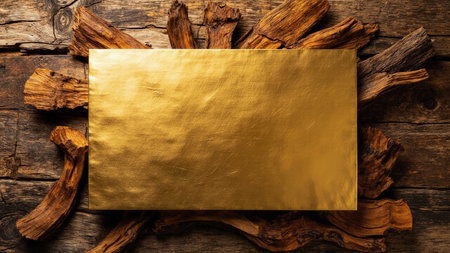 This image showcases a luxurious composition featuring golden textured paper and natural wooden elements set against a rustic, textured background. The interplay of gold with the warm earth tones of the wood creates an elegant, premium aesthetic. Perfect for creative design projects, invitations, and announcements, the blank space and antique-style surface provide ample room for text. Ideal for crafting a vintage, handcrafted feel, this design element is suitable for both digital and print applications.の素材