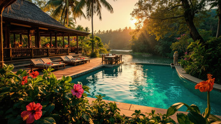 Experience ultimate relaxation at this luxurious tropical resort bathed in the golden light of sunset. A stunning swimming pool reflects the vibrant colors, inviting you to take a refreshing dip. Guests enjoy open-air dining near the water's edge, surrounded by lush palm trees and vibrant flowers. This Bali, Indonesia destination offers the perfect getaway for vacation and holiday dreams, embodying paradise, tranquility, and summer vibes. Perfect for travel brochures, website design, or showcasing the beauty of exotic locations.の素材