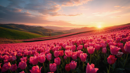 Witness a breathtaking sunrise painting the sky with vibrant hues over a lush field of blooming pink tulips. This scenic landscape captures the essence of spring, with rolling green hills stretching towards the horizon. The colorful display of nature, bathed in the warm glow of golden hour, evokes tranquility and peaceful feelings. Ideal for travel brochures, websites, or art prints, this image showcases the beauty of the Tuscan countryside in Italy, offering a stunning scenic view and capturing the vibrant essence of springtime.の素材
