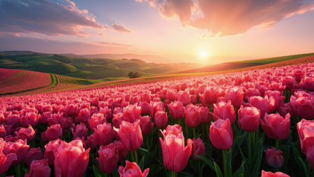 Witness the breathtaking beauty of a sunset painting the sky above a vast pink tulip field. This landscape photograph captures the essence of spring with vibrant pink flowers blooming across the rolling hills of the countryside. Bathed in warm sunlight during either dawn or dusk, the scene radiates a sense of peace and tranquility. Perfect for illustrating travel destinations, tourism brochures, or adding a touch of idyllic beauty to any project, the image showcases nature's beautiful artistry.の素材