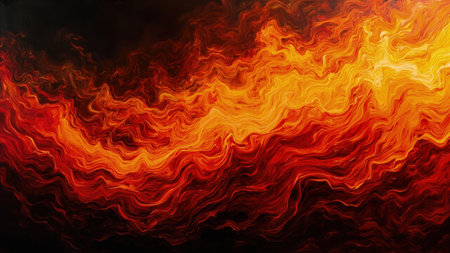 Captivating abstract art showcases a dynamic display of fiery flames rendered in vibrant orange and deep red hues, contrasted by dramatic black tones. This artistic background depicts swirling, flowing energy, evoking a sense of heat, burning, and danger. The texture and wave-like patterns create a sense of movement and combustion. Ideal for designs requiring a bold and passionate aesthetic, this abstract illustration is perfect for wallpapers, digital art, and projects conveying energy, inferno, and hellfire concepts.の素材