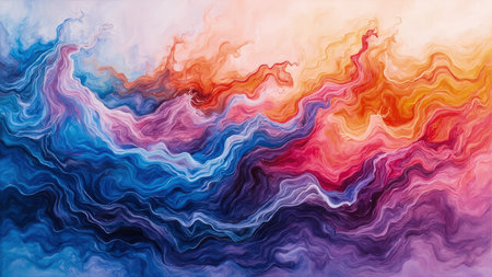 Dynamic and eye-catching, this image features colorful abstract fluid swirls forming a mesmerizing artistic composition. The vibrant wave-like patterns and flow of colorful hues, including orange, red, pink, purple, and blue, create a sense of motion and energy. Perfect as a background for modern design projects, artwork, or digital media, this abstract painting offers a smooth, elegant, and beautiful texture with a dreamy quality. Ideal for wallpaper, surface patterns, and creative illustration.の素材