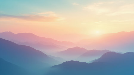 Witness a breathtaking sunset paint the sky with soft hues of pink and blue over a majestic mountain landscape. This serene scene, captured in a panoramic vista, features delicate clouds and a touch of mist, creating a dreamy and ethereal atmosphere. Perfect for use as a wallpaper, background, or artistic illustration, this colorful and vibrant image evokes a sense of peace and tranquility, ideal for travel and tourism projects seeking to capture the beauty of the outdoors.の素材