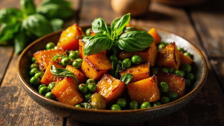 A close-up, appetizing image showcases a vibrant, home-cooked dish: roasted butternut squash with bright green peas and fresh basil served in a rustic bowl. This delicious, healthy meal, perfect for autumn, sits on a wooden table, illuminated by natural light. Ideal for culinary projects, recipe websites, or food blogs, this studio shot highlights the gourmet appeal of this vegetarian, plant-based dish. Capture the essence of comfort food with this colorful, nutritious meal.の素材