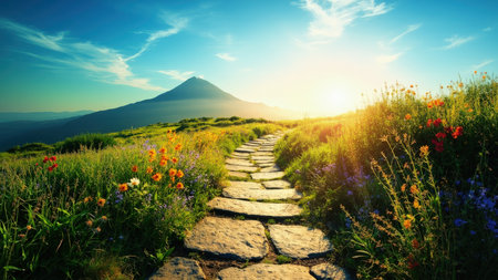 A breathtaking stone path winds upward, leading towards a majestic mountain peak under a brilliant sunny sky. Wildflowers bloom along the trail and in the surrounding meadow, adding vibrant color to the scenic landscape. This image captures the essence of a summer journey, perfect for illustrating travel, adventure, and the beauty of the outdoors. Ideal for tourism, environmental, or wellness-related projects, it evokes feelings of freedom and serenity.の素材