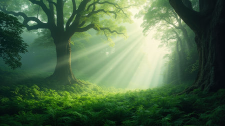 Experience the dramatic and mystical atmosphere of a lush forest scene where sunlight streams through towering trees, creating breathtaking light rays and beams of light. This nature photography captures the green foliage and forest floor, evoking a sense of magical and ethereal beauty. Ideal for illustrating scenic landscapes, promoting tranquil environments, or conveying the vibrancy of spring and summer, this image is perfect for projects related to the ecosystem, outdoors, and nature's beautiful moments.の素材
