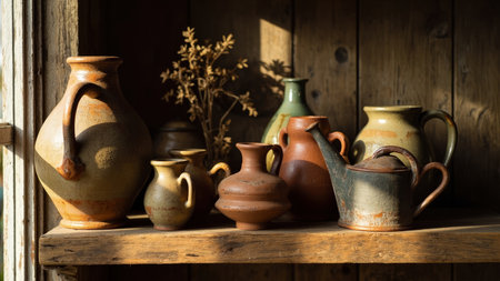 A charming collection of rustic pottery sits on a weathered wooden shelf, bathed in soft natural light. This still life showcases various earthenware pieces, including jugs, vases, and a watering can, alongside delicate dried flowers. The warm brown, beige, and orange tones of the ceramics create a moody and inviting aesthetic. Ideal for illustrating home decor themes, showcasing handmade items, or adding rustic decor elements to any project. This image evokes vintage charm and tactile texture.の素材