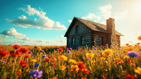 Escape to an idyllic countryside scene featuring a charming, rustic log cabin nestled amidst a vibrant meadow bursting with colorful wildflowers. Underneath a radiant sunny blue sky, the wooden cabin evokes a sense of peaceful tranquility and serene beauty. This image of a classic log cabin surrounded by nature's splendor is perfect for illustrating vacation destinations, promoting travel or showcasing the beauty of the outdoors. Ideal for designs seeking a rustic aesthetic, this image is ready to enhance any project needing a touch of natural charm.の素材