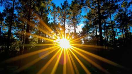 Experience the breathtaking beauty of a sun-drenched forest. This image captures sunbeams streaming through the canopy of tall trees, illuminating the forest floor with golden light. The blue sky peeks through the foliage, creating a picturesque landscape. This sunny scene showcases the natural environment, perfect for conveying tranquil and serene moments. Ideal for illustrating articles about nature, wilderness, or environmental themes, or for use in travel and tourism promotions.の素材