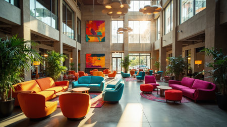 Step into a modern lobby bathed in natural light. This vibrant interior showcases colorful furnishings, including stylish couches and armchairs, complemented by abstract artwork. The contemporary design incorporates large windows, allowing daylight to illuminate the space. Perfect for commercial projects, this image is ideal for showcasing hotel interiors, waiting areas, or upscale lounge environments. The use of orange, teal, and pink accents alongside elegant round tables and plants creates a luxurious and inviting atmosphere.の素材