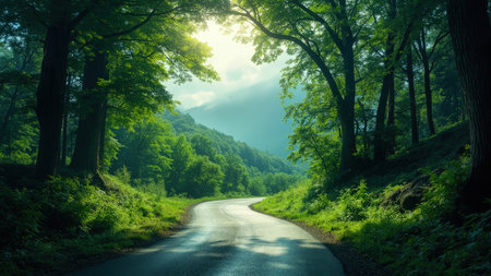 A scenic winding road carves through a vibrant, lush forest, bathed in the warm glow of sunlight. This peaceful nature scene captures the essence of a rejuvenating outdoor adventure. Towering trees and verdant foliage line the path, creating a picturesque landscape perfect for travel and exploration. Imagine a road trip down this winding road, a true journey into a serene and tranquil environment. Ideal for illustrating themes of nature, scenery, and eco-conscious living.の素材