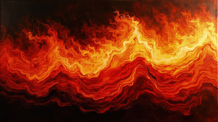 Experience the captivating energy of this abstract fire painting. The artwork explodes with fiery hues of orange, red, and yellow, depicting a flowing flame filled with dynamic movement. This vibrant composition evokes the intense heat and energy of a blazing inferno. Ideal for adding a dramatic flair to digital projects, this unique background is perfect for website designs, graphic projects, or artistic illustrations seeking a modern and creative touch.の素材