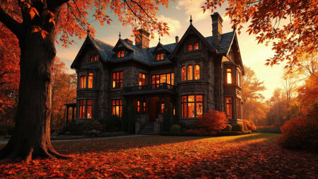 Experience the idyllic charm of an old stone mansion bathed in the warm glow of a setting sun. This breathtaking image showcases a luxurious estate surrounded by vibrant autumn foliage in hues of orange, red, and brown. Perfect for illustrating the beauty of fall, luxury homes, or scenic residential properties, this photograph captures the essence of a fairytale dream house during the golden hour. Ideal for real estate, travel, or lifestyle content seeking a touch of elegance and tranquility.の素材