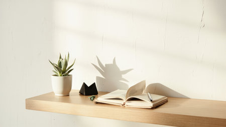 A minimalist home office workspace is bathed in soft sunlight, featuring a wooden desk with an open book, notebook, and a small succulent plant. The clean and modern aesthetic, with its natural elements and shadows, creates a calm and peaceful atmosphere. This image is ideal for illustrating themes of creative writing, reading, studying, and home decor. Perfect for use in design, educational, and lifestyle content where a serene and aesthetic background is needed.の素材