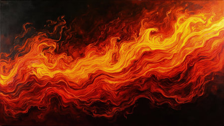 A dramatic and vibrant abstract painting features a fiery swirl of warm colors against a deep black background. Intense shades of orange, red, and yellow intertwine, creating a sense of burning energy, heat, and movement. This expressive artwork evokes the raw power of fire and flowing magma. Ideal for adding a dynamic and modern touch to websites, social media, and design projects; perfect as a striking wallpaper or a focal point in creative endeavors.の素材