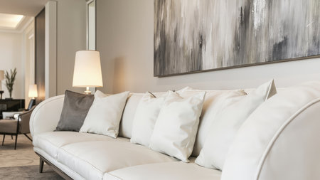 Impeccably designed living room interior showcases a bright and airy space. A luxurious white sofa adorned with plush pillows and cushions takes center stage, complemented by an eye-catching abstract painting. This image captures the essence of modern home design, featuring stylish furniture, elegant details, and a comfortable atmosphere. Ideal for illustrating concepts of interior design, home decor, residential architecture, and lifestyle imagery, this photograph evokes feelings of relaxation and sophistication within a contemporary setting.の素材