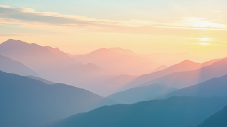 Experience the breathtaking beauty of serene mountain silhouettes painted against a breathtaking sunrise or sunset sky. This stunning landscape photograph showcases soft pastel colors of blue, pink, orange, and yellow across the horizon, creating a tranquil and peaceful ambiance. The misty, foggy atmosphere adds depth, ideal for backgrounds, wallpaper, or visual elements in travel and tourism content. Perfect for evoking feelings of calm and inspiration.の素材