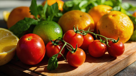A vibrant still life showcases an array of fresh, colorful fruits and vegetables artfully arranged on a rustic wooden cutting board. Bright red tomatoes, zesty oranges, and vibrant green limes and lemons create a visual feast, emphasizing the healthy and organic nature of the ingredients. This image is ideal for illustrating concepts of healthy eating, vegetarian and vegan diets, cooking, and nutrition. Capture the essence of freshness and highlight the potential for delicious, vitamin-rich meals.の素材