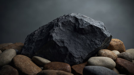 A striking composition showcases a contrast of textures. Dark, textured stone meets the smooth surfaces of gray pebbles, all resting against a neutral gray background. This macro close-up highlights the natural texture and pattern of the stone, revealing intricate details of a rough surface. The mineral elements and earthy tones create a serene and zen aesthetic, ideal for background designs, podium displays, or adding a touch of natural beauty to any project, from environmental concepts to minimalist designs.の素材