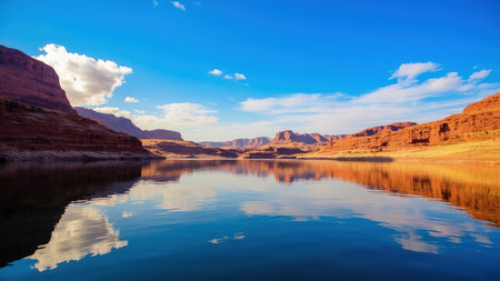 Experience the breathtaking beauty of the American Southwest with this scenic landscape. A calm lake perfectly mirrors vibrant red rock formations under a brilliant blue sky dotted with fluffy clouds. This tranquil panorama captures the essence of the desert wilderness, offering a serene view of nature's artistry. Ideal for travel and tourism projects, this image is perfect for conveying the beauty of destinations like Arizona and the Southwest. Use it to inspire wanderlust and showcase the natural wonders of the USA.の素材