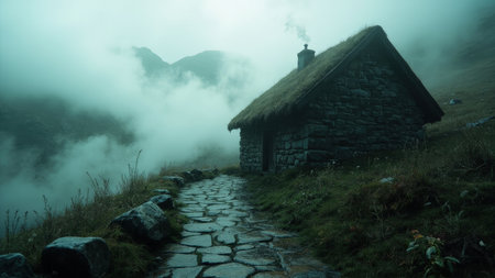 Step into a world of tranquility with this captivating image of an atmospheric stone cottage. Nestled amidst a misty landscape in the highlands, the charming structure boasts a grass roof, blending seamlessly with the surrounding nature. A sense of mystery pervades the scene, enhanced by fog and clouds that shroud the mountains and path. Ideal for illustrating travel destinations, tourism brochures, or evoking a feeling of solitude and peace, the scenic vista and rustic architecture offers a timeless allure.の素材