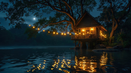 Escape to a tranquil night scene featuring a cozy treehouse cabin nestled amongst the trees and overlooking a still lake. The treehouse is warmly illuminated by delicate string lights, which cast a soft reflection on the water's surface. This dreamy landscape creates a sense of peaceful tranquility under a starry sky. Perfect for illustrating themes of travel, vacation, getaway, nature, and the beauty of the outdoors. This digital art captures the serene atmosphere of a relaxing evening cabin experience.の素材