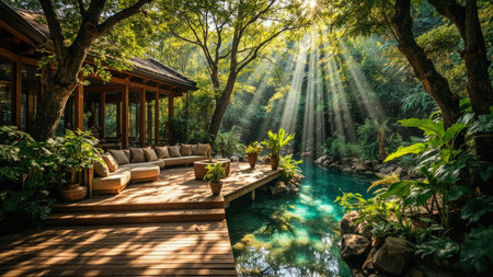 Escape to a serene lakeside oasis in this stunning image of a luxurious outdoor lounge. Bathed in golden sunbeams and dappled sunlight, a meticulously designed wooden deck features comfortable sofas and plush cushions, inviting ultimate relaxation. Lush greenery and towering trees create a peaceful and tranquil ambiance, perfect for outdoor living. This image is ideal for architectural design, home decor, travel, resort, spa, and wellness branding, evoking feelings of luxury, paradise, and vacation.の素材