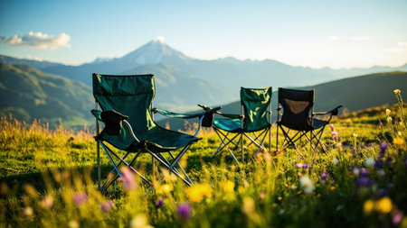 Unwind and embrace the beauty of the outdoors with this stunning image of relaxing camping chairs in a picturesque mountain meadow. Experience the ultimate summer getaway as you take in the breathtaking scenery of majestic mountains, vibrant wildflowers, and lush green grass under a brilliant blue sky. Perfect for illustrating travel, adventure, and vacation concepts, this image captures the essence of tranquility, freedom, and peaceful leisure. Ideal for websites, brochures, and marketing materials promoting hiking, camping, and the joys of nature.の素材