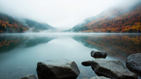 Experience the serene beauty of an autumn morning. This breathtaking landscape captures a misty lake perfectly reflecting the vibrant colorful foliage and majestic mountainous terrain. Soft light bathes the scene, creating an ethereal and peaceful atmosphere. Perfect for travel, tourism, and environmental projects, this scenic view embodies the beauty and tranquility of the outdoors. Imagine this nature scene enhancing your website, blog, or marketing materials.の素材