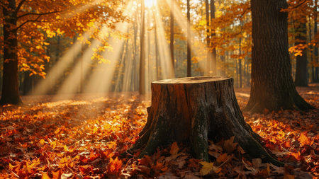 Experience the breathtaking beauty of an autumn forest bathed in warm sunlight. This picturesque landscape features vibrant golden and orange foliage, with sunbeams streaming through the trees, illuminating a weathered tree stump. Captured in a serene and tranquil atmosphere, the image showcases the season's stunning colors and natural beauty. Ideal for projects conveying the outdoors, nature, or seasonal themes, this image is perfect for websites, articles, or print materials seeking a touch of idyllic beauty.の素材