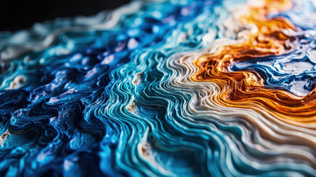 An abstract artwork presents a captivating design featuring textured, layered waves in a symphony of vibrant colors. This dynamic composition utilizes a palette of blue, orange, and white to create a sense of depth and movement. The artistic design evokes the flowing quality of water and the organic essence of nature, perfect for modern design projects. This versatile background illustration, with its detailed, 3D-rendered surface, can be used for website design, digital art, and creative visual concepts.の素材