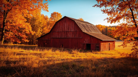 A stunning autumn landscape showcases a classic red barn nestled in the countryside. Bathed in warm sunlight, the scene features vibrant golden grass and trees displaying brilliant foliage. The clear sky complements the yellow and orange hues of the autumnal scene, creating a picturesque and peaceful vista. This scenic image, perfect for representing farming, harvest, or rural themes, evokes a sense of tranquility. Ideal for website backgrounds, brochures, or evoking the beauty of the season, this photograph captures the essence of a traditional, American fall.の素材